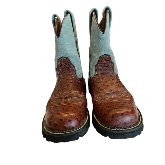 Ariat Fatbaby Western Boots Sz 9.5B Womens Ostrich Print Light Blue Suede upper - Picture 3 of 12